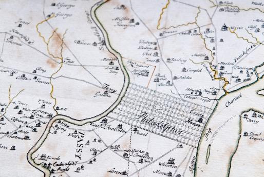 Detail of hand colored, engraved map of Philadelphia, Pennsylvania shows roads, rivers, and settlements. Text in English labels features.