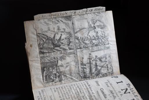 Detail from a printed text a series of four illustrations that depict the journey by ship to the Isle of Pines.