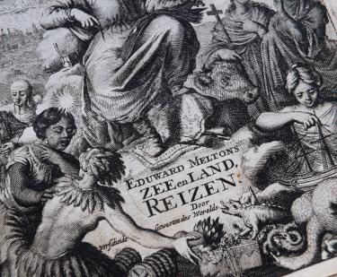 Detail of a printed book shows engraved title page depicting women, ships, and animals. Text in Dutch.