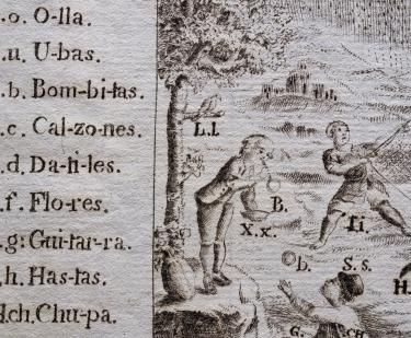 Detail of an engraved print shows children blowing bubbles in a grassy area. Items in the image are labeled and a portion of the key is visible.