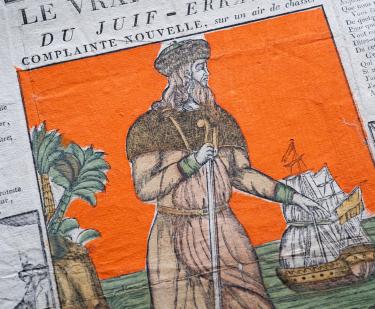 A hand-colored woodcut depicts a man with a walking stick. In the background a ship and palm trees are visible. Some text in French is visible.