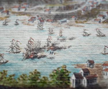 Detail of a hand colored, engraved print of Grenada shows a scene of naval warfare, as seen by smoke engulfing one ship.