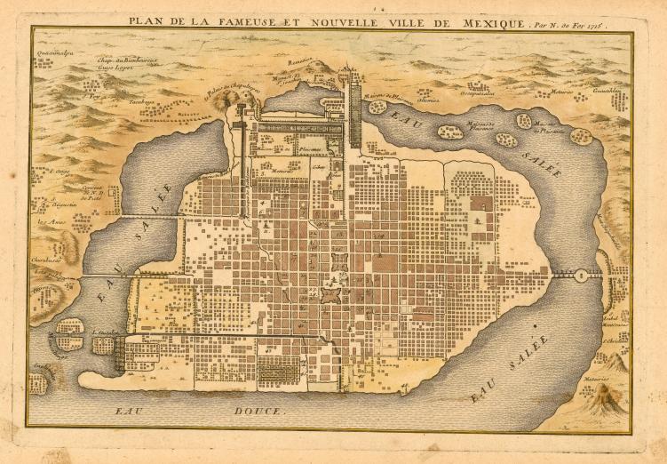 plan of Mexico City showing Lake Texcoco and aqueducts