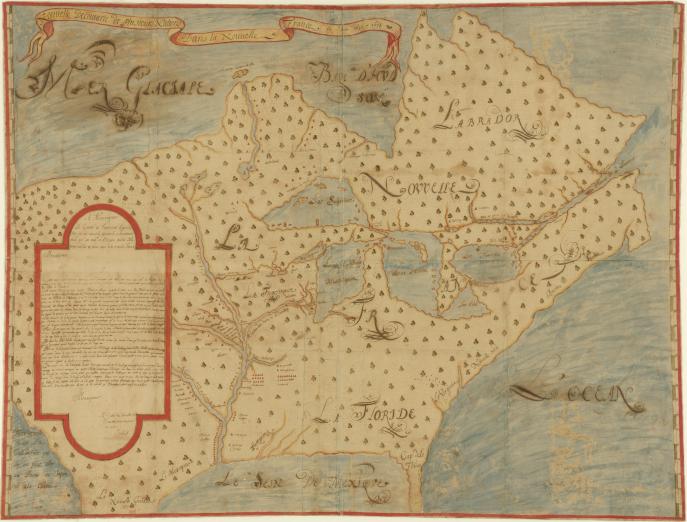 manuscript colored map of New France
