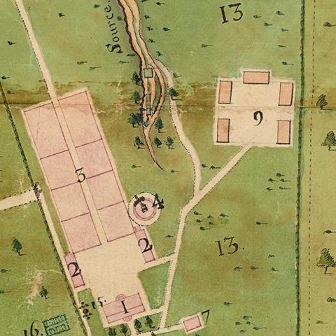 detail of a plan showing plantations and dwellings