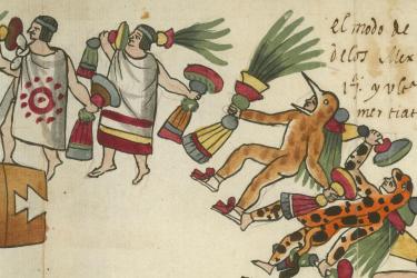 Image from: Tovar Codex-El modo de baylar de los Mexicanos. 17a y última del primer tratado. [Juan de Tovar 1585]. Original at the John Carter Brown Library.
