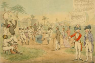 anti-abolitionist political cartoon depicting slaves dancing and playing music in front of an audience of planters