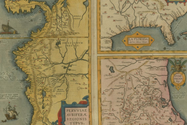 Three sixteenth-century maps. On the left is a map of the western coast of South America including Peru, on the top right a map of the southern part of North America from the Carolinas to the Mexican coast and on the bottom right a map of the northeastern part of Mexico. 