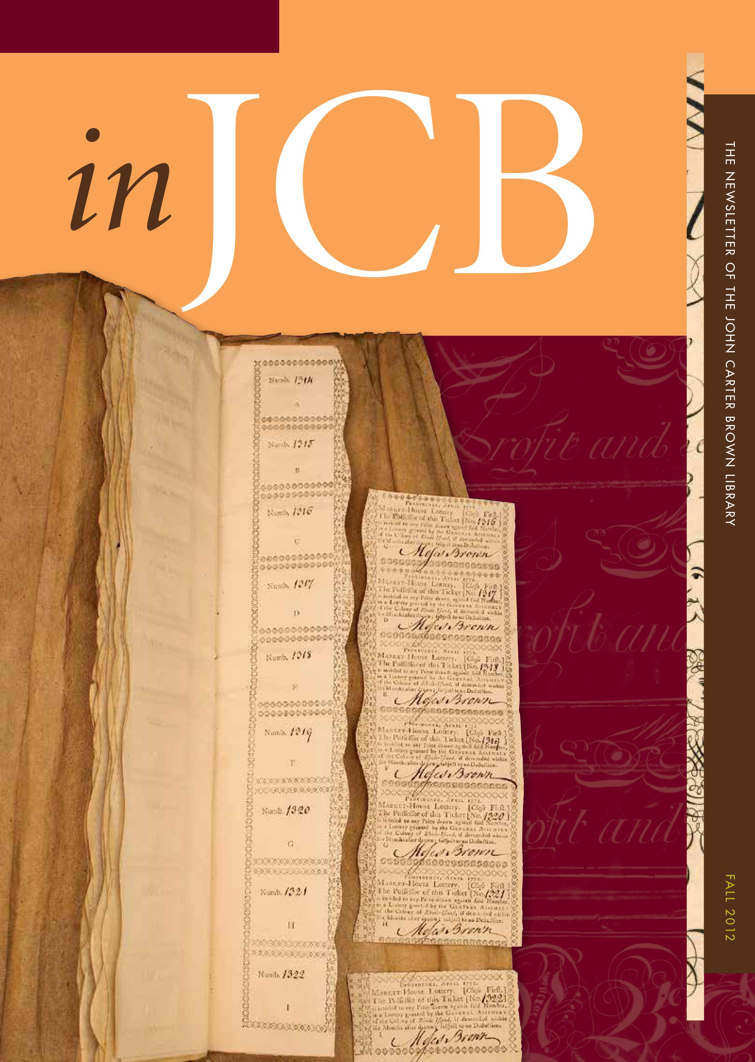 colorful cover of the In JCB newsletter, showing an image of an eighteenth century ticket book and tickets