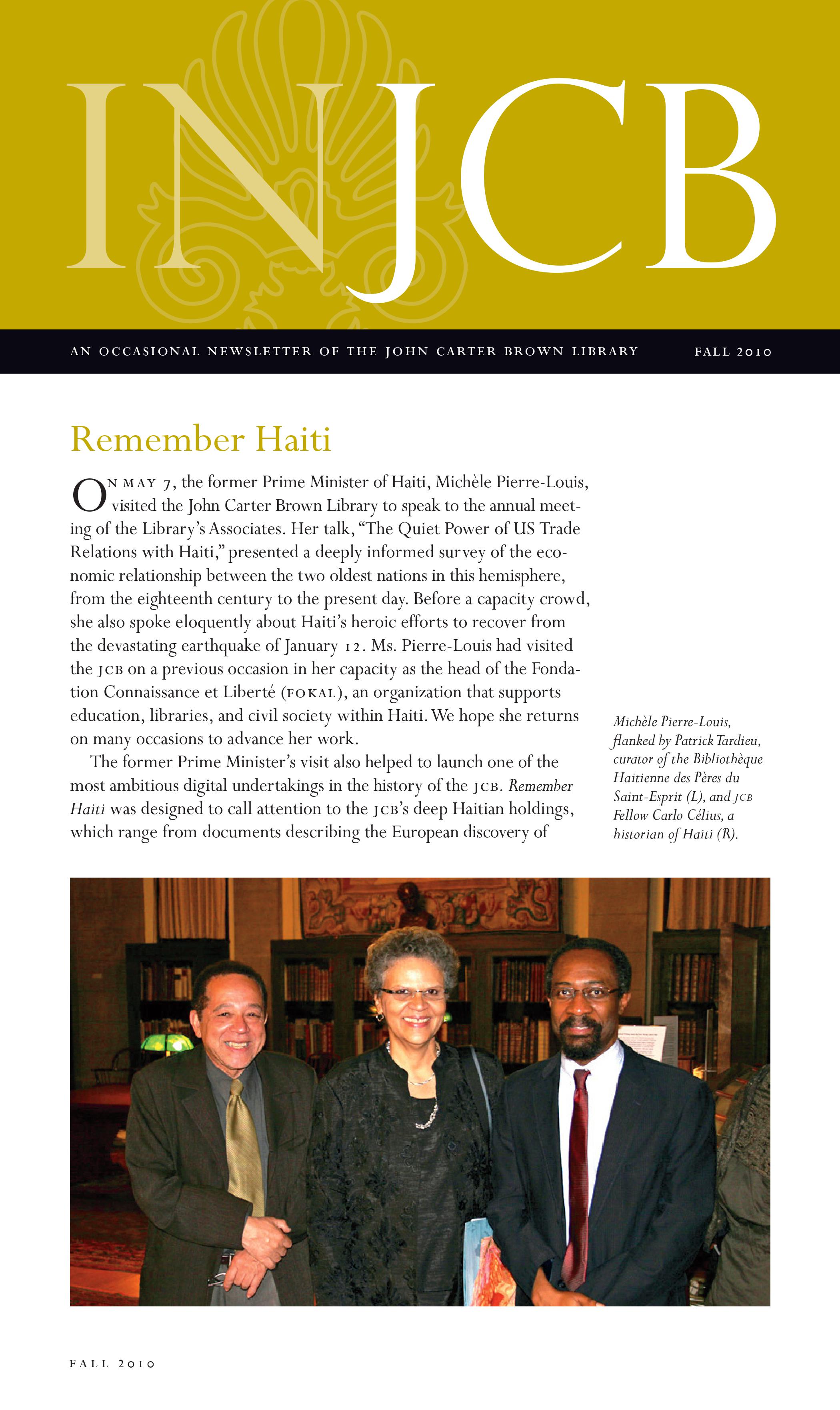 text of a newsletter and an image showing Michèle Pierre-Louis, Patrick Tardieu, and Carlo Célius