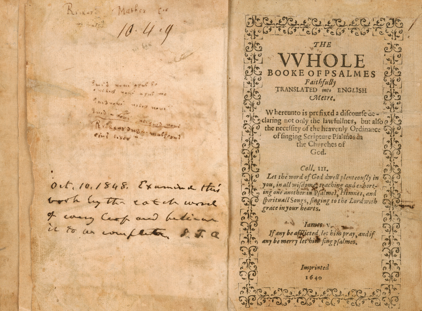 Printed title page includes decorative border and text in English reading "The Whole Book of Psalmes Faithfully translated into English metre." Left side of the page shows manuscript notations. 