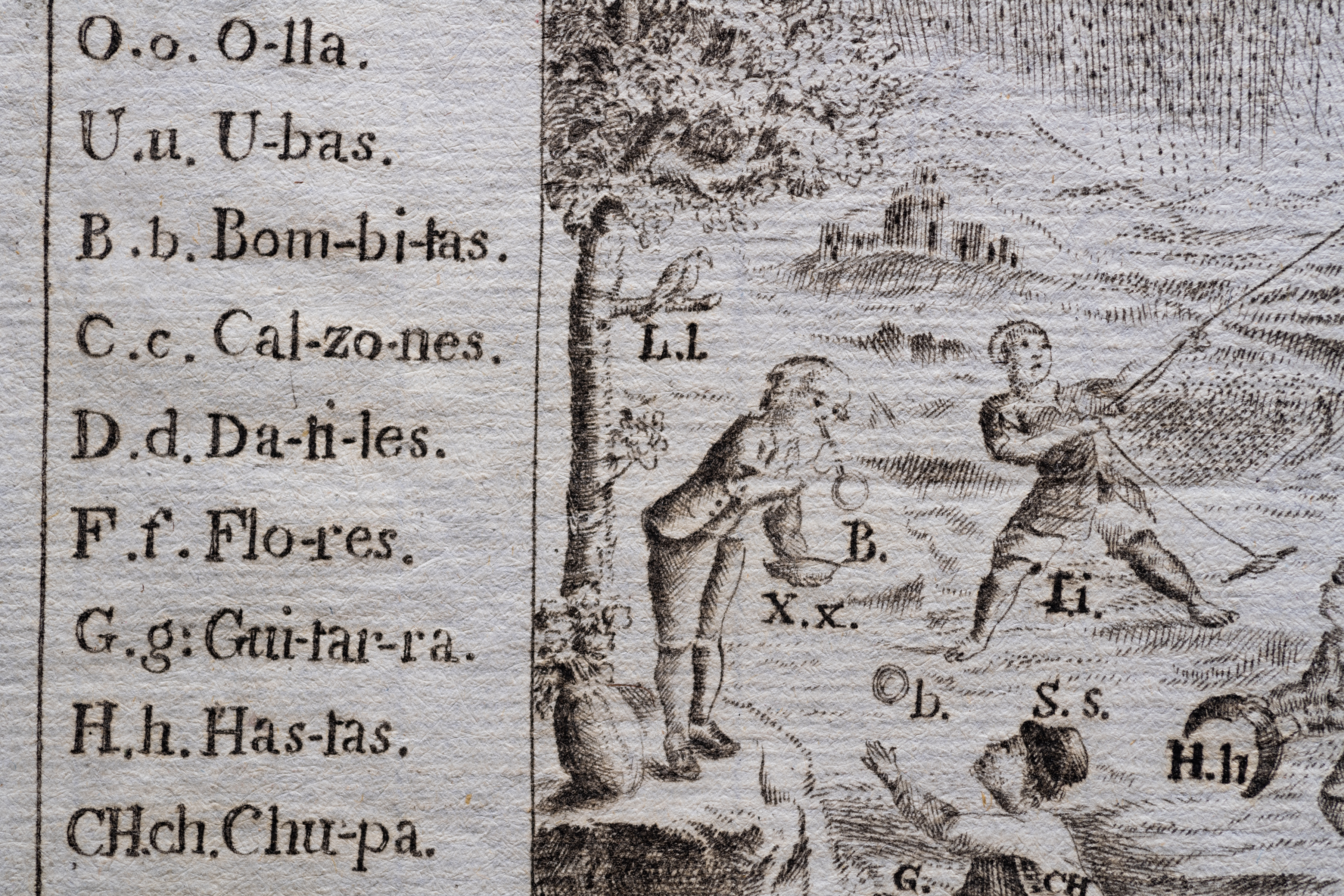 Detail of an engraved print shows children blowing bubbles in a grassy area. Items in the image are labeled and a portion of the key is visible.