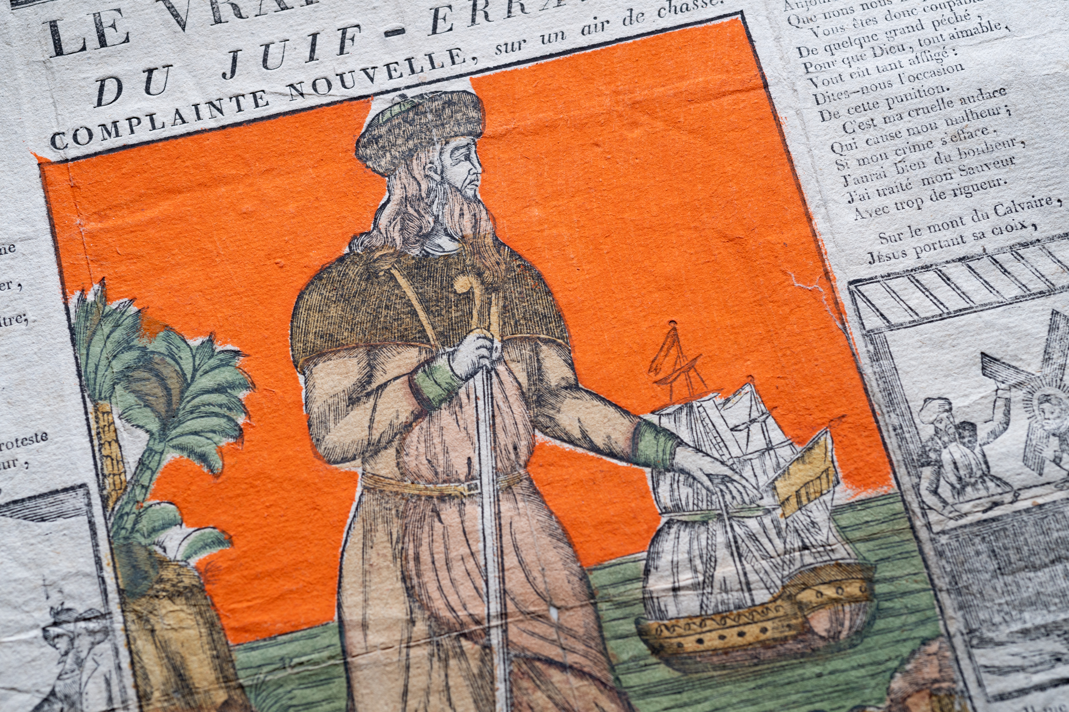 A hand-colored woodcut depicts a man with a walking stick. In the background a ship and palm trees are visible. Some text in French is visible.