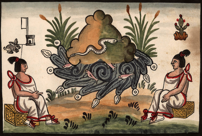 painting from the Tovar Codex depicting two rulers in the foreground and the city of Coatepec in the background
