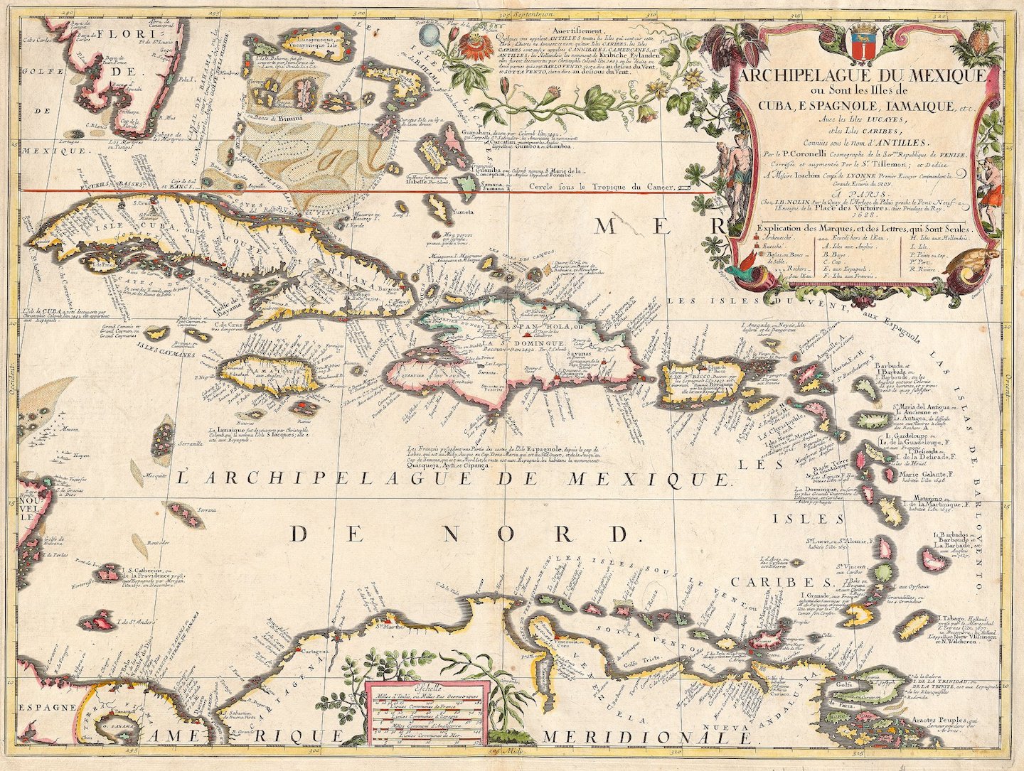 colorful map of the Caribbean islands with a decorative cartouche