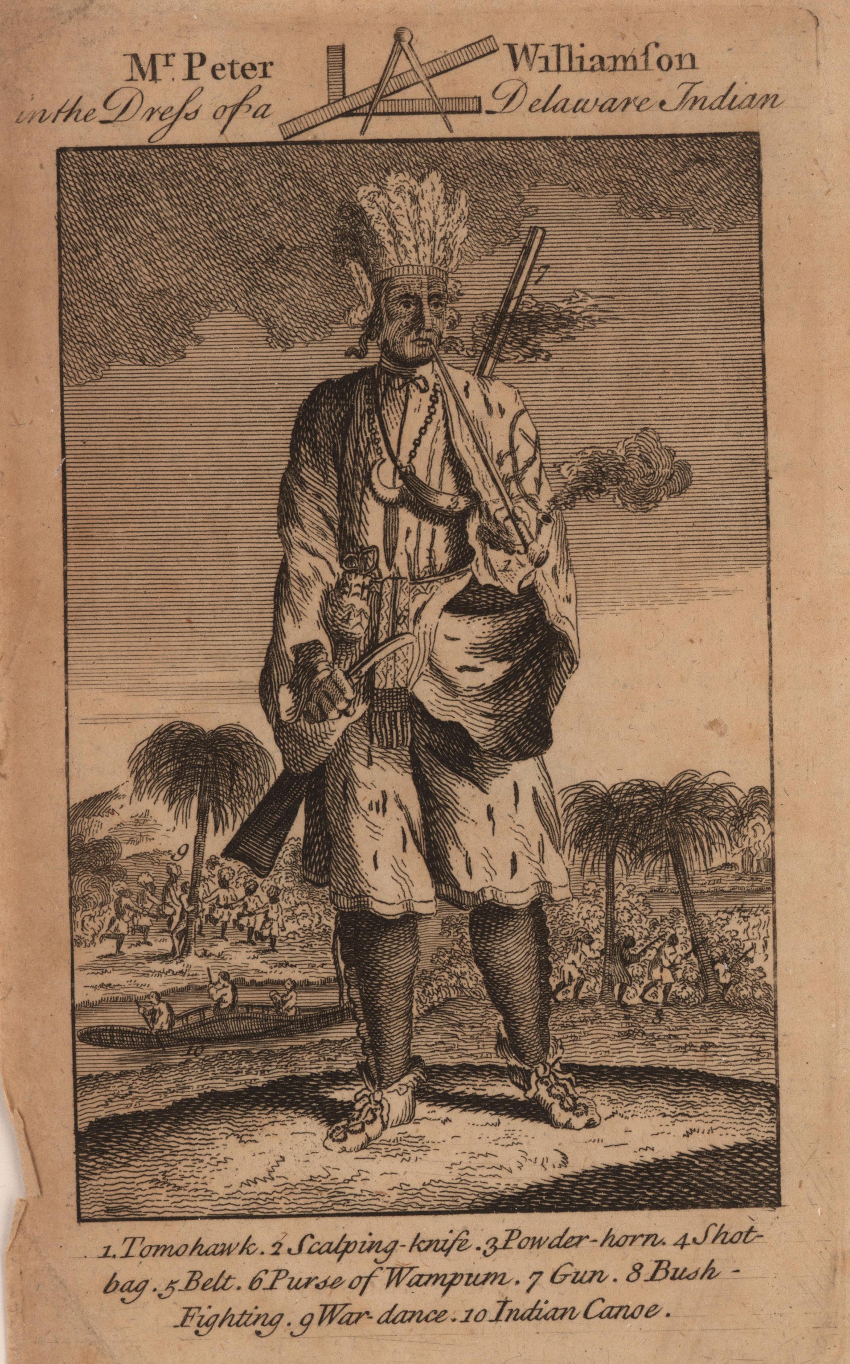 Portrait of a European colonist dressed as member of the Delaware tribe