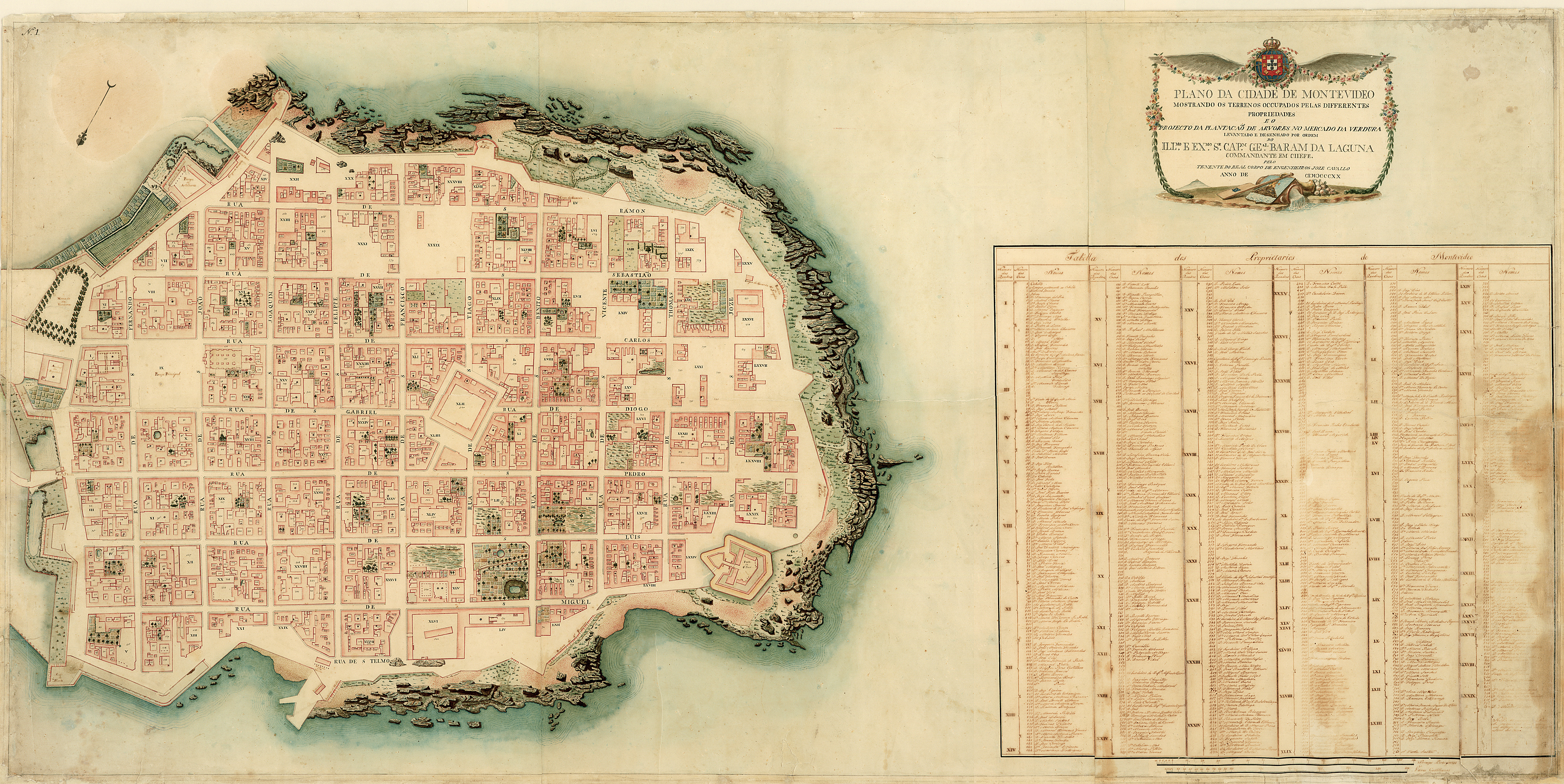 detailed manuscript plan of the city of Montevideo in present-day Uruguay, including location and names of inhabitants of the town, location of churches, fortifications, dwellings, gardens, and some topographical details