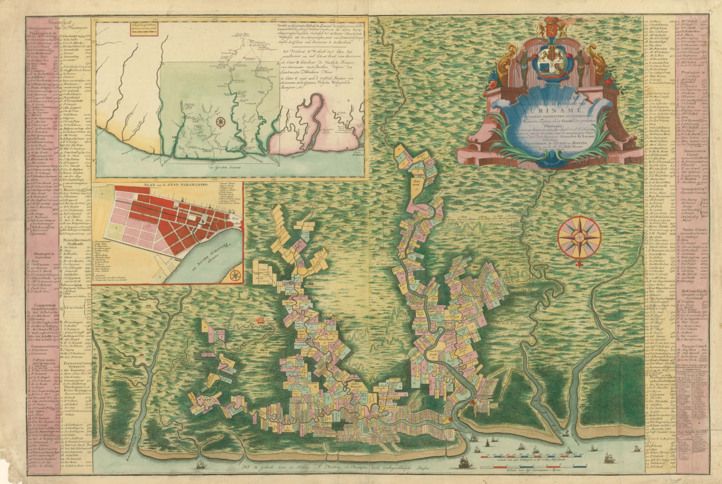 An image of the map “Algemeene Kaart van de Colonie of Provintie van Suriname,” by Alexander de Lavaux