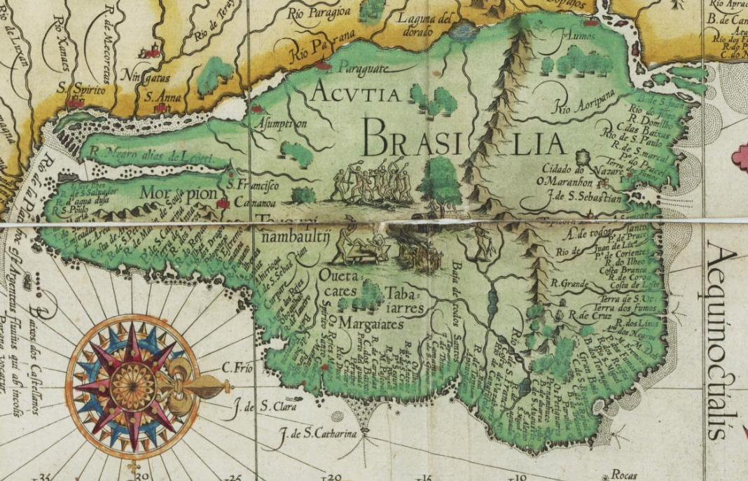 A detail of the map, showing Brazil and a compass rose