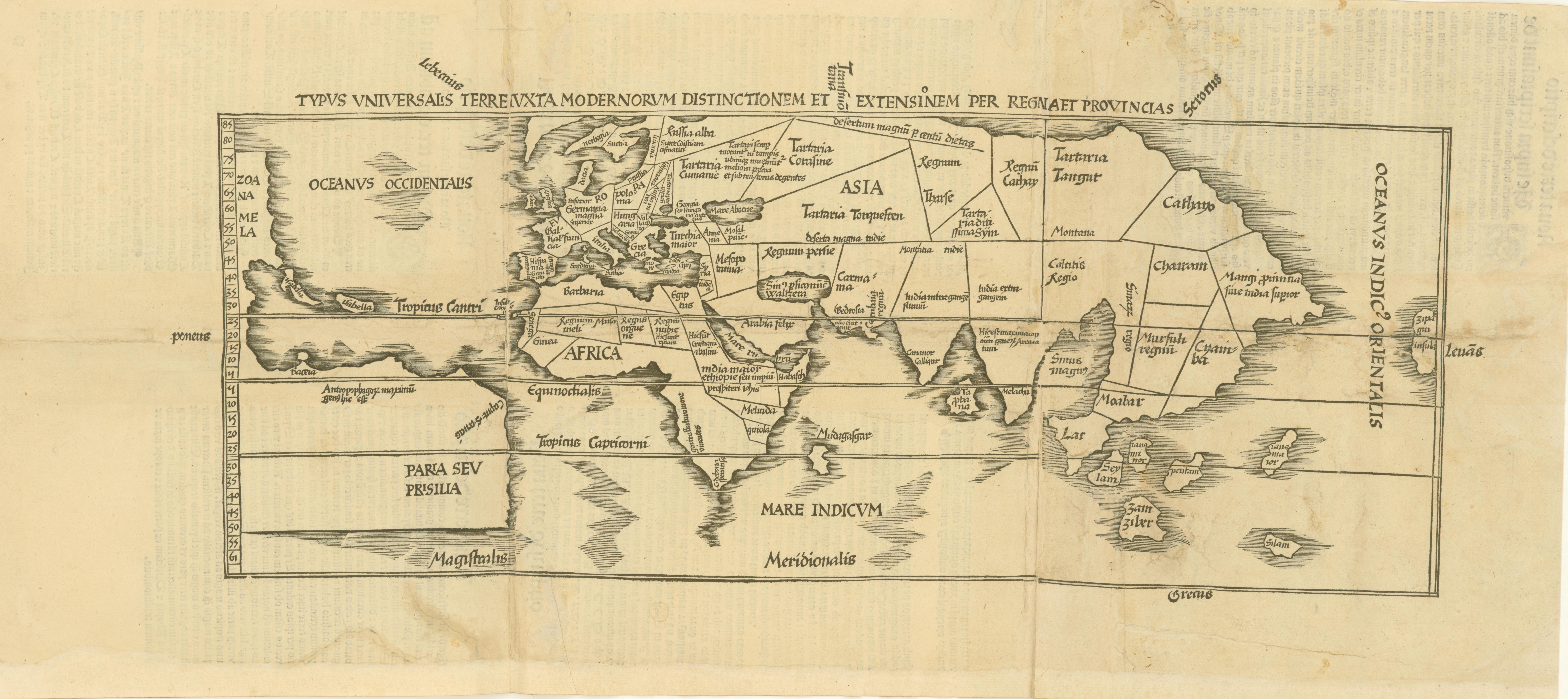 printed map of the world showing some lines of latitude and names of winds