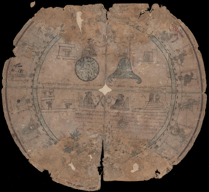 circular manuscript calendar on maguey fiber with symbolic representation of the months and day of the Aztec year with explanatory text in Nahuatl language transcribed into European script