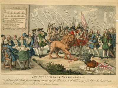 The image shows the full drawing (The English Lion Dismember'd), which includes several human figures, a lion, and the rooster with the flag.