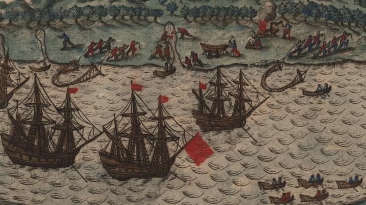 illustration of three large ships on water, people on river bank drag nets over the water