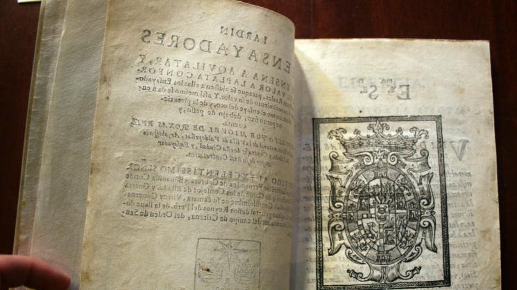 a detail from the book Jardin de ensayadores Queen Ensena a aquilatar, y dar el valor a la plata conforms a las leyes reales (Lima, 1639) by Miguel de Rojas Ruiz