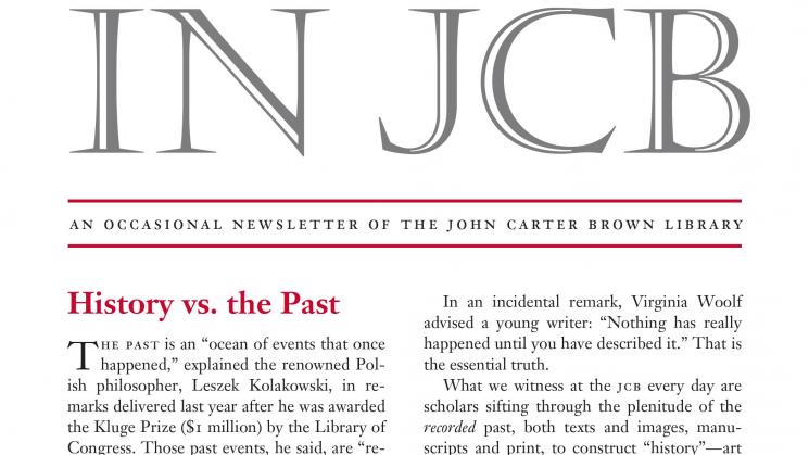 text of a newsletter and an image of one side of the exterior of the John Carter Brown Library