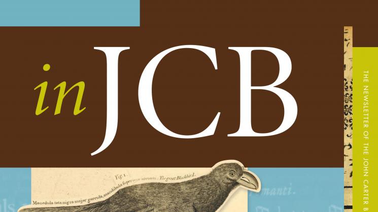 colorful cover of the In JCB newsletter, showing music notes in the background and cut-out images of three birds in the foreground