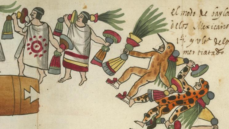 Image from: Tovar Codex-El modo de baylar de los Mexicanos. 17a y última del primer tratado. [Juan de Tovar 1585]. Original at the John Carter Brown Library.