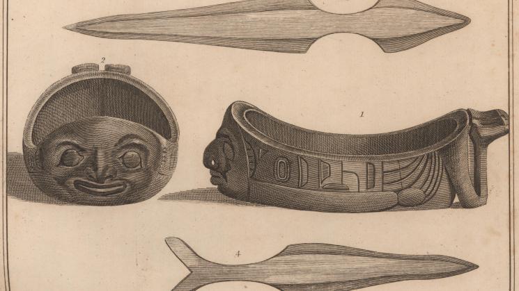 Native American artifacts including a bowl shown in two views and two knives