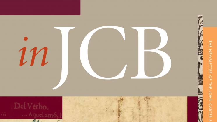 colorful cover of the In JCB newsletter, showing two pages with early manuscript text and images