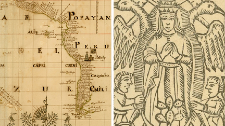 two images, the first showing a map of Peru and Chile with decorative elements and the second showing an image of the Virgin of Guadalupe with children at her feet