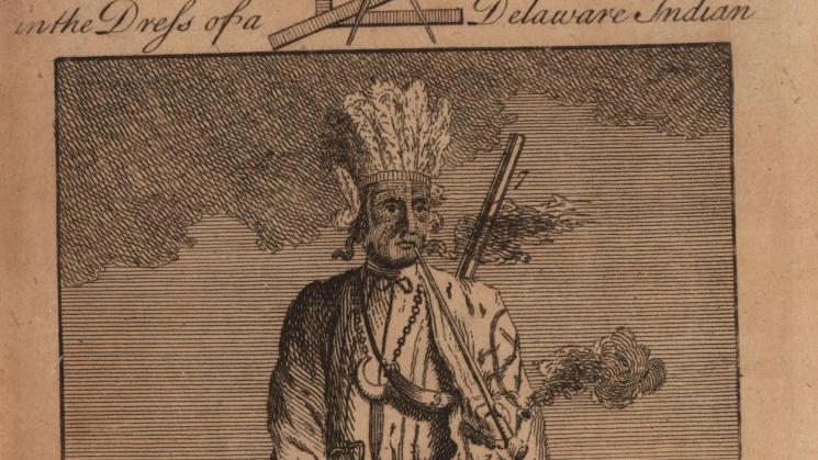 Portrait of a European colonist in the dress of a member of the Delaware tribe