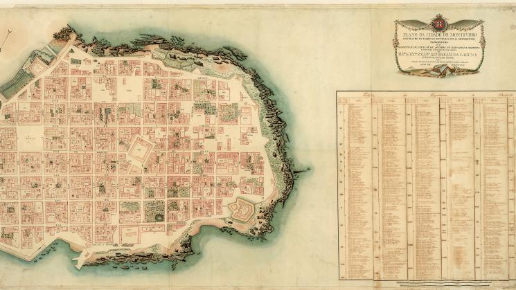 detailed manuscript plan of the city of Montevideo in present-day Uruguay, including location and names of inhabitants of the town, location of churches, fortifications, dwellings, gardens, and some topographical details