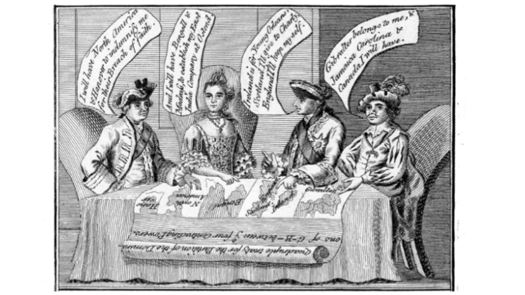 Political Cartoon: “What may be doing Abroad. What is doing at Home.,” London, 1769. Original in the John Carter Brown Library.