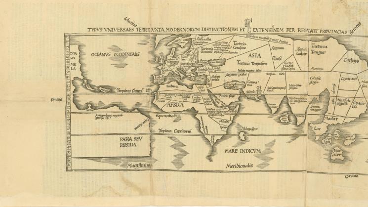 printed map of the world showing some lines of latitude and names of winds