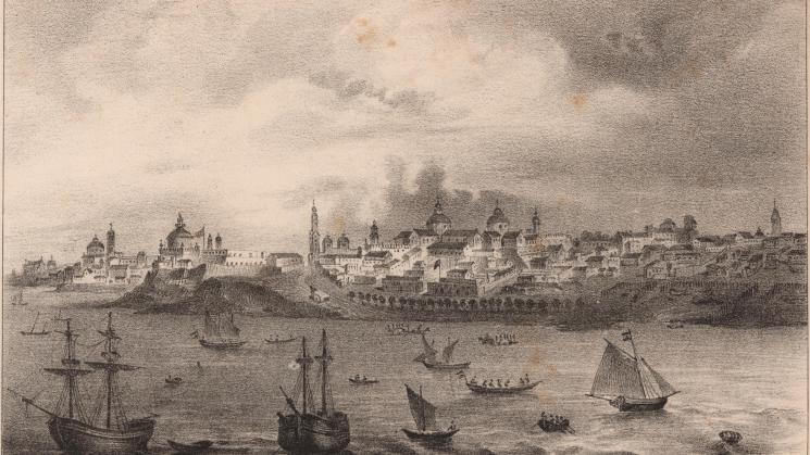 View of Buenos Aires in present-day Argentina seen from the harbor, showing a built environment including ships, boats, churches, and dwellings.