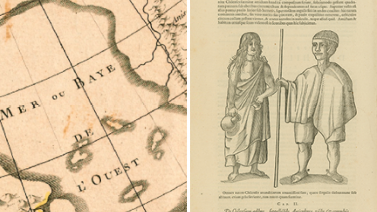 two images, the first showing a detail of a map of North America showing the Bering Strait and Eastern Asia and the second showing an indigenous man and woman from Chile