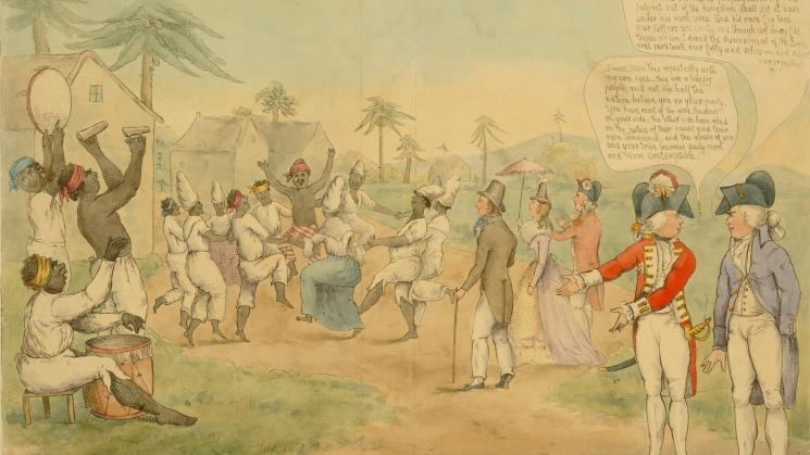 anti-abolitionist political cartoon depicting slaves dancing and playing music in front of an audience of planters