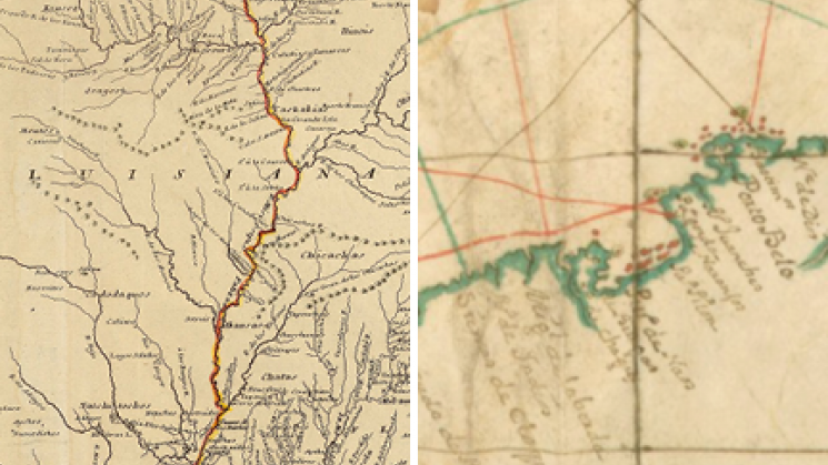 two images, the first showing a map of Louisiana and the second showing a detail of a map of the Caribbean