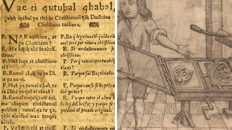 two images, the first showing printed text in Spanish and Kaqchikel and the second showing a printer with printing press