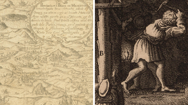 two images, the first showing a map of part of New Spain, including convents in Oaxaca, and the second showing miners at work
