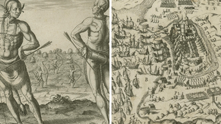 two images, the first showing an elite or royal Native American man and the second depicting the battle of São Salvador de Bahia de Todos os Santos in Brazil