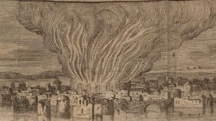 detail of a black and white sketch of a town on fire, large amounts of smoke rising