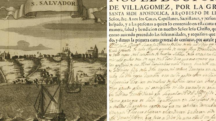 two images, the first showing a harbor and city view of San Salvador and the second showing a printed and manuscript extract from "Nos el doctor don Pedro de Villagomez..."