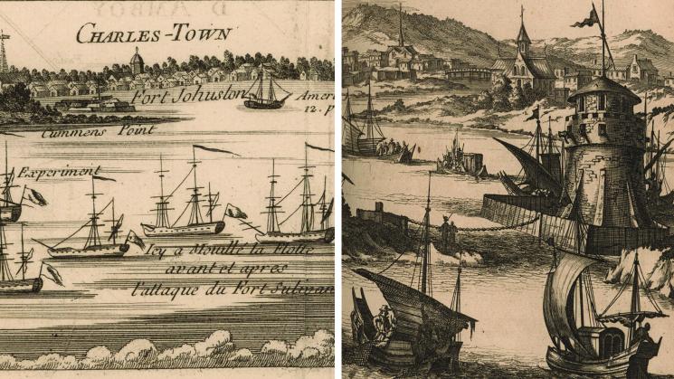 two images, the first showing a view of Charleston, South Carolina, and the second showing a view of Cartagena in present-day Colombia