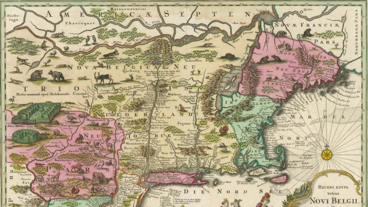 engraved and hand-colored map of northeastern North America including present-day Maine to Virginia