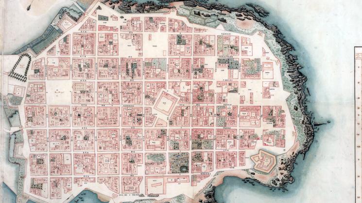 Detailed, colored manuscript plan of the city of Montevideo in present-day Uruguay